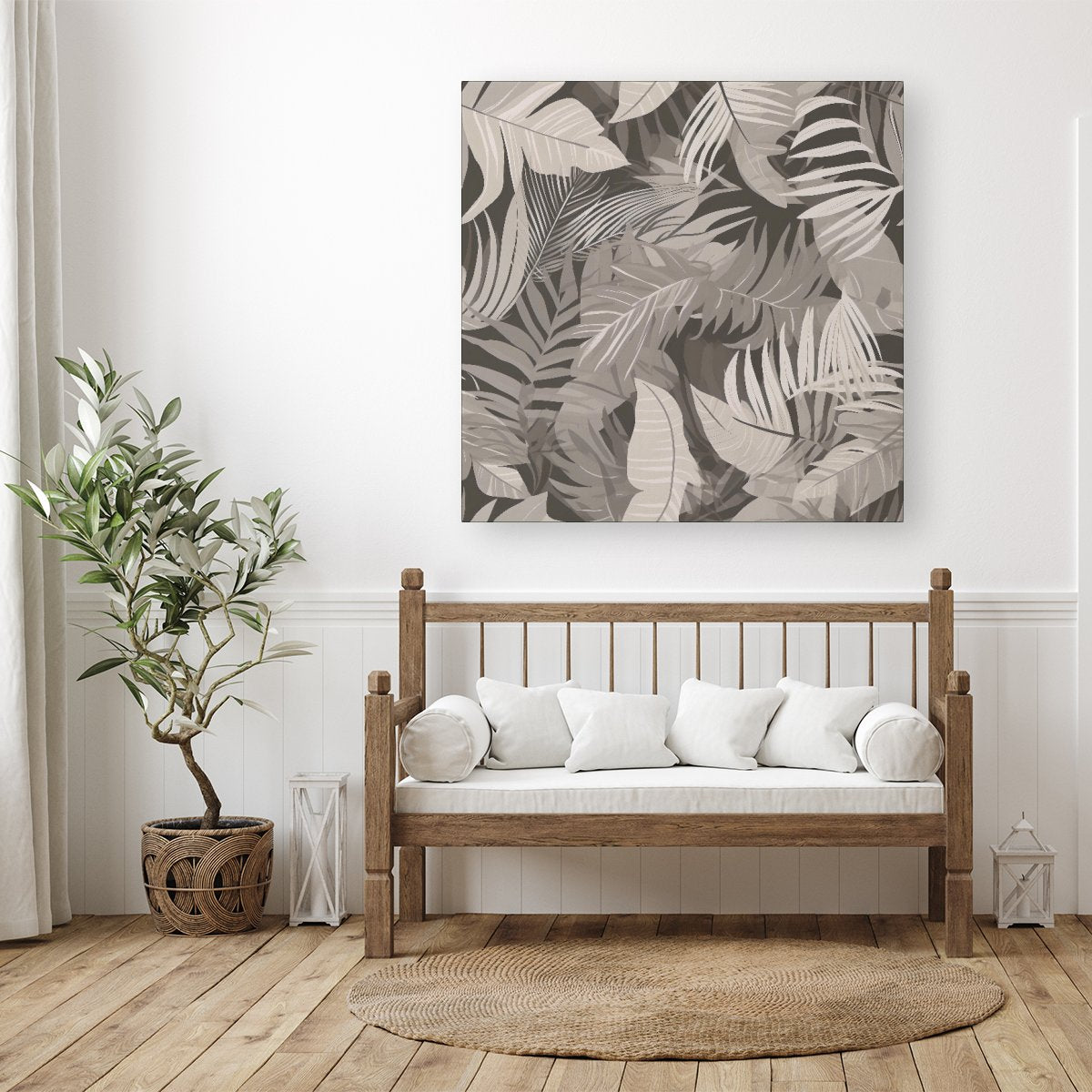 Grey Brown Tropical Leaves Canvas