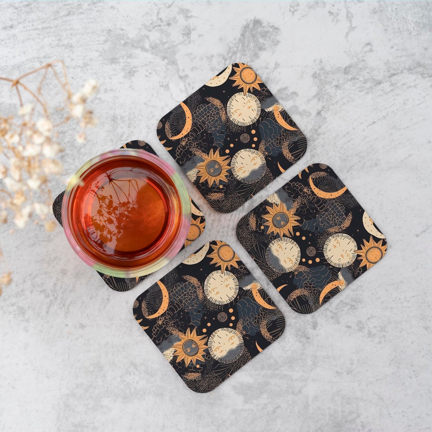 Gold Sun and Moon Coasters