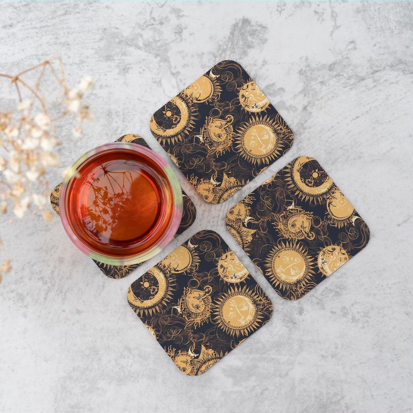 Moon and Sun Gold Blue Coasters