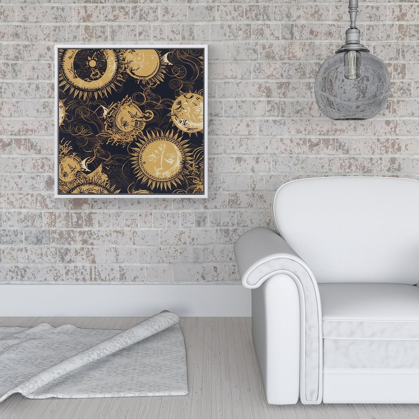 Moon and Sun Gold Blue Framed Canvas