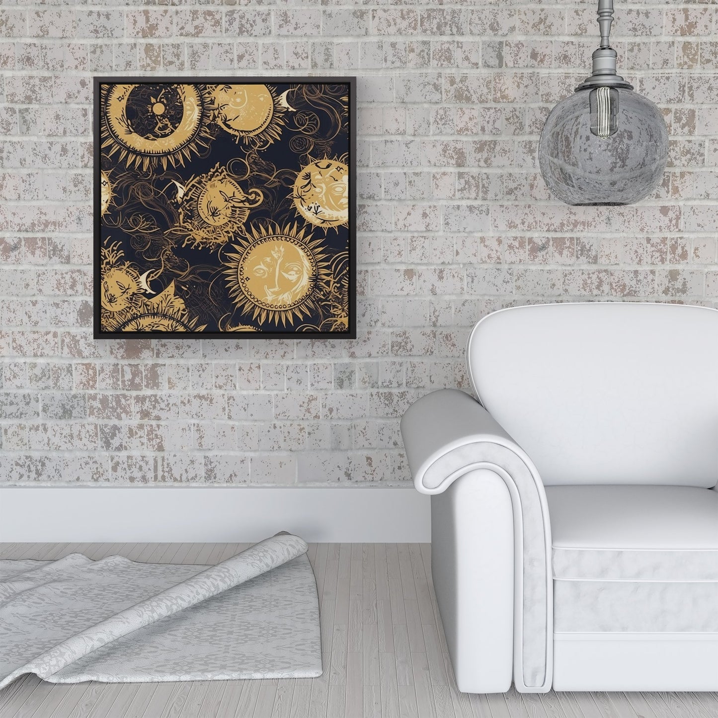 Moon and Sun Gold Blue Framed Canvas