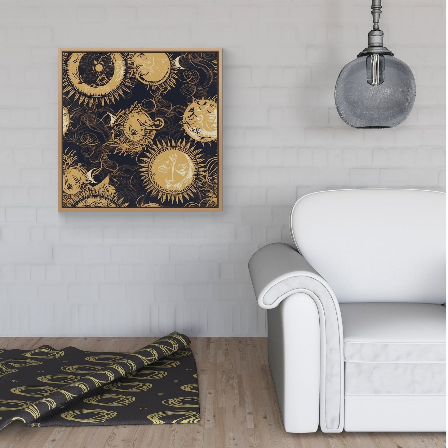 Moon and Sun Gold Blue Framed Canvas