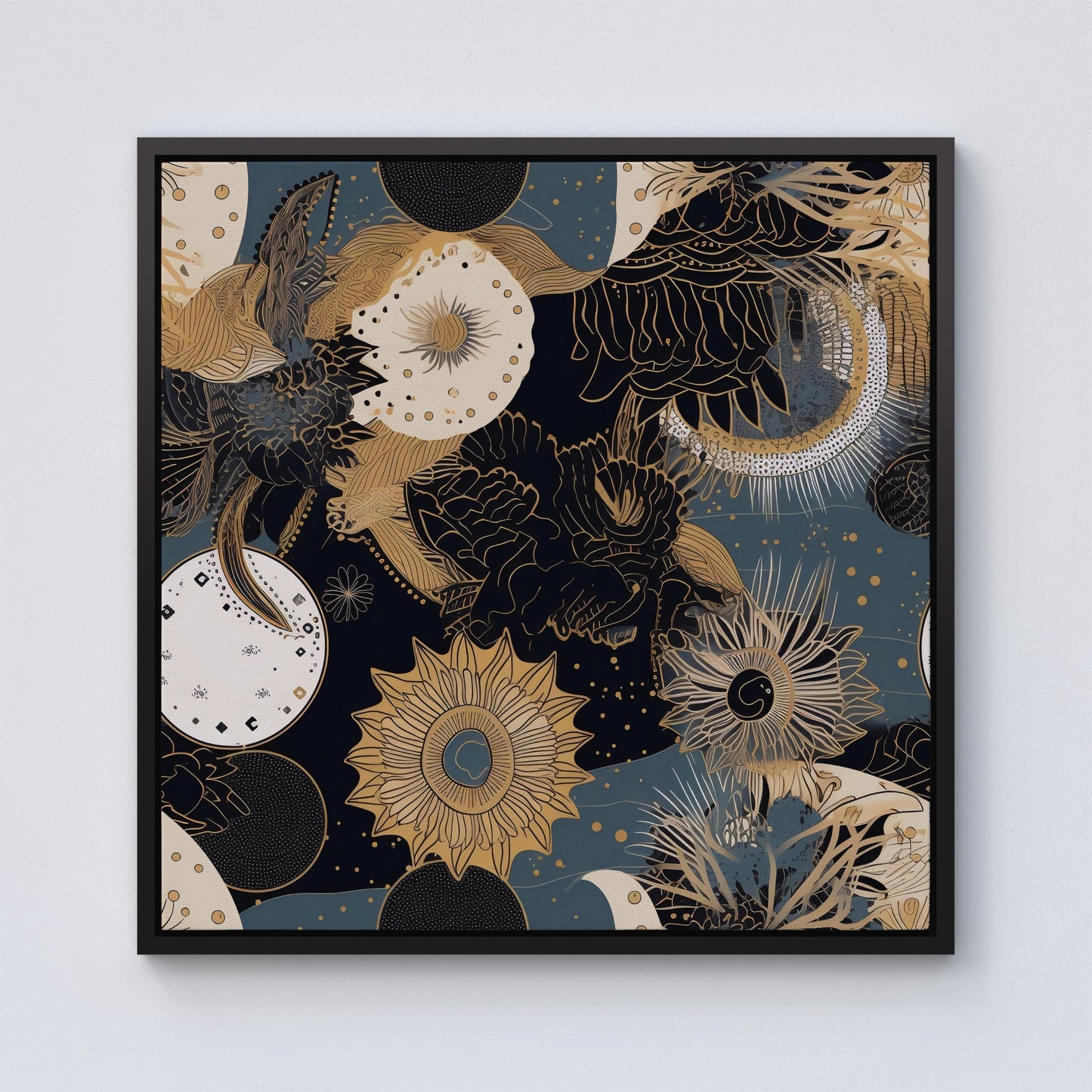 Abstract Blue Gold Moon Sun Framed Canvas