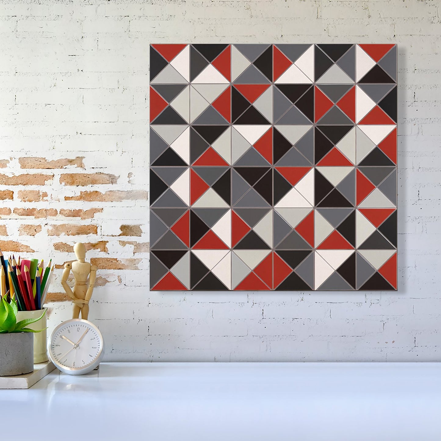 Grey Red Triangle Geometric Canvas