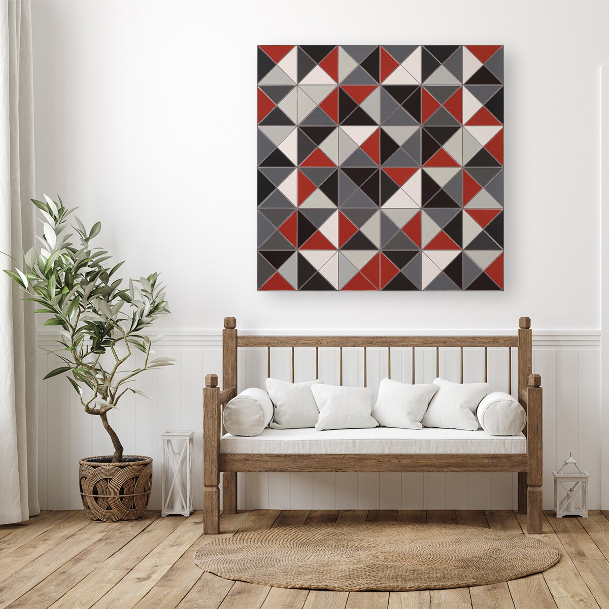 Grey Red Triangle Geometric Canvas