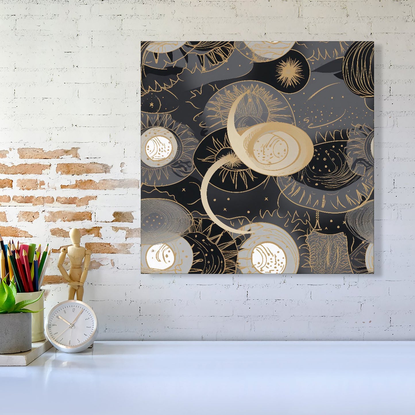 Abstract Silver Gold Sun and Moon Canvas