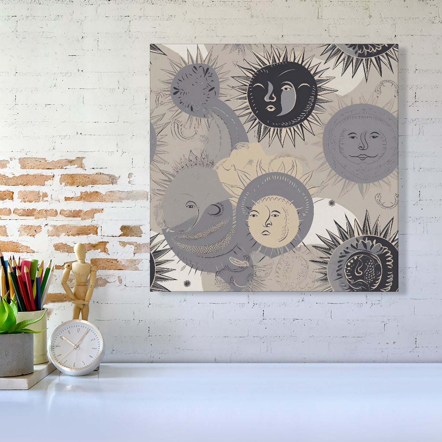 Grey Black Abstract Moon and Sun Canvas