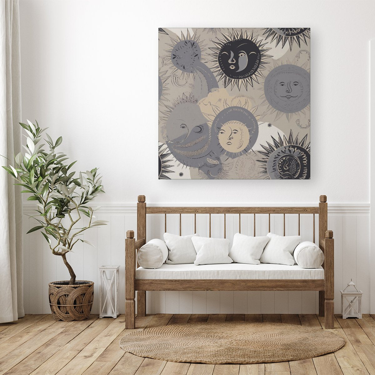 Grey Black Abstract Moon and Sun Canvas