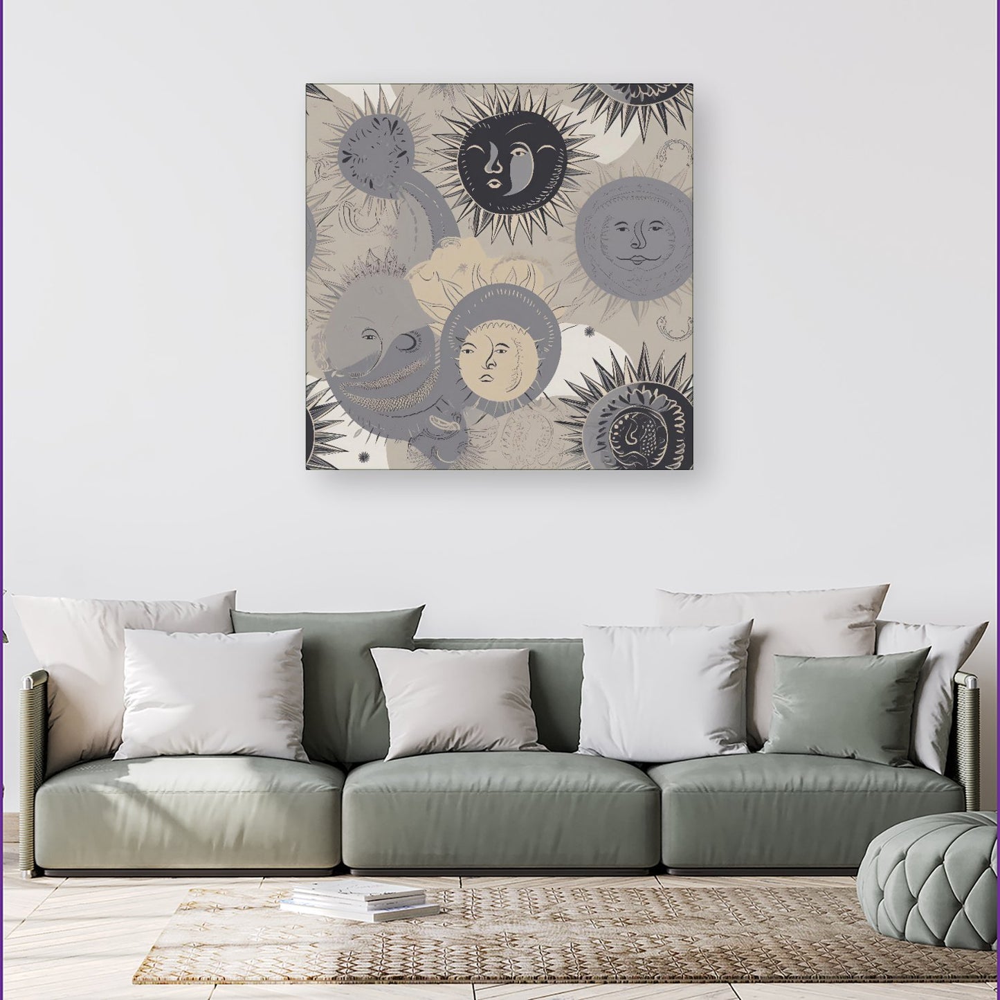 Grey Black Abstract Moon and Sun Canvas