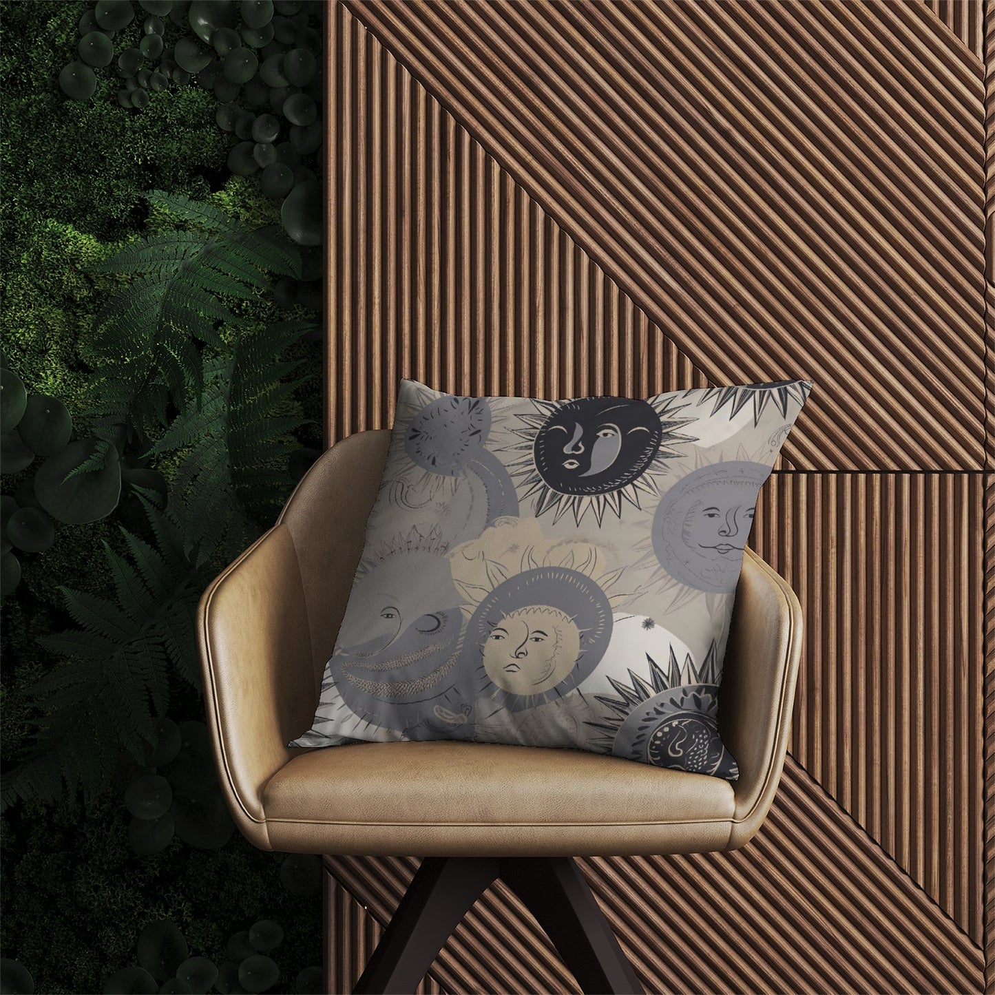 Grey Black Abstract Moon and Sun Outdoor Cushion