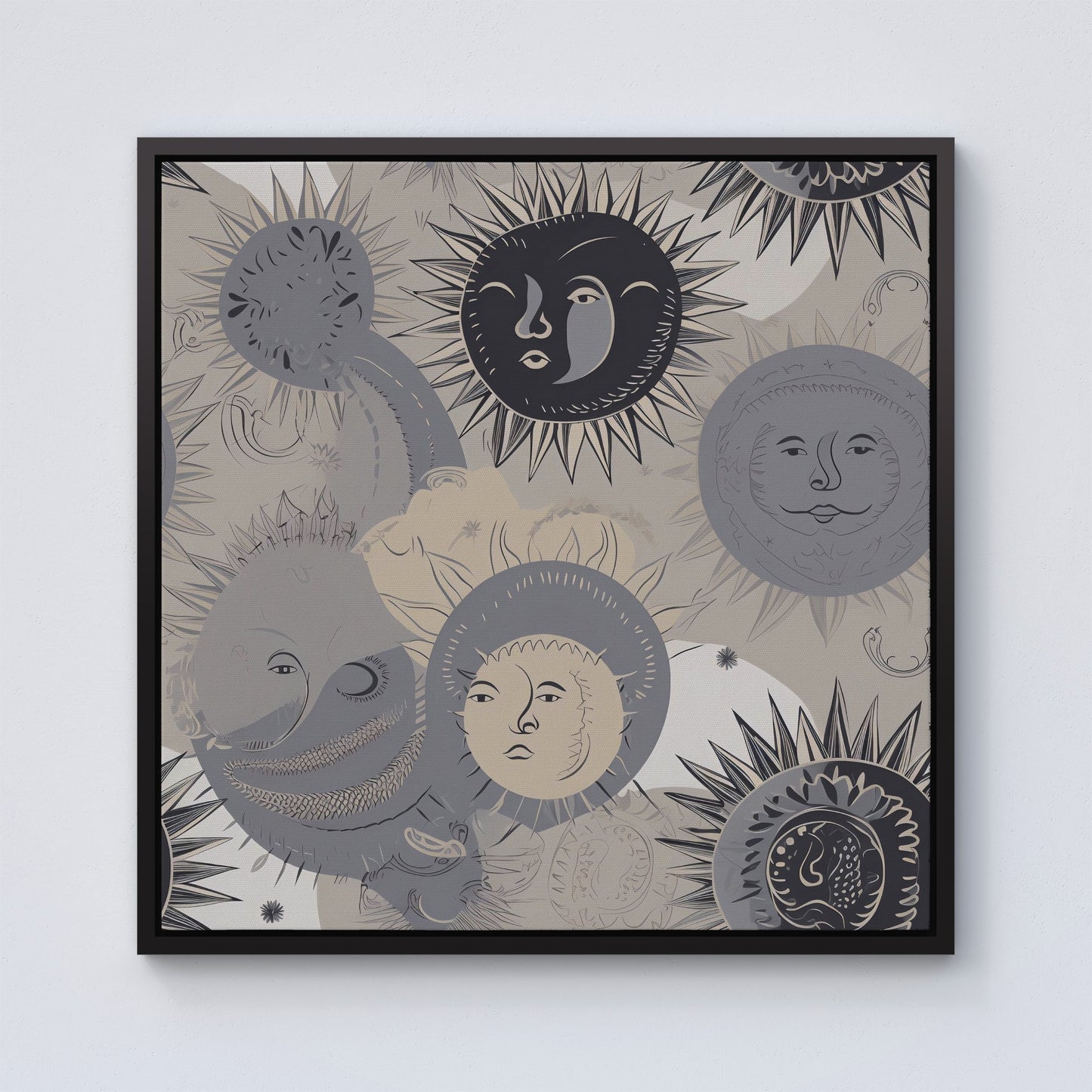 Grey Black Abstract Moon and Sun Framed Canvas