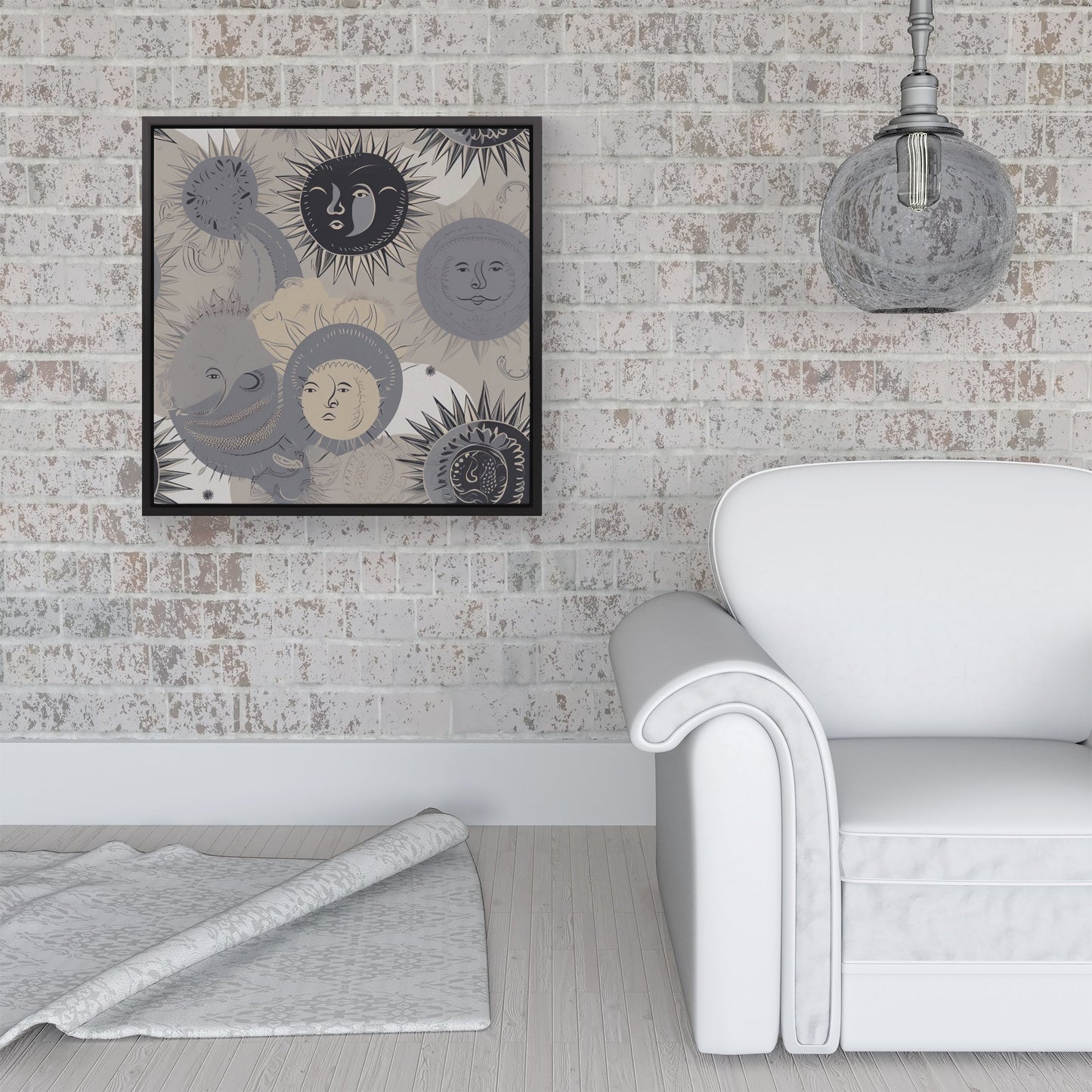 Grey Black Abstract Moon and Sun Framed Canvas
