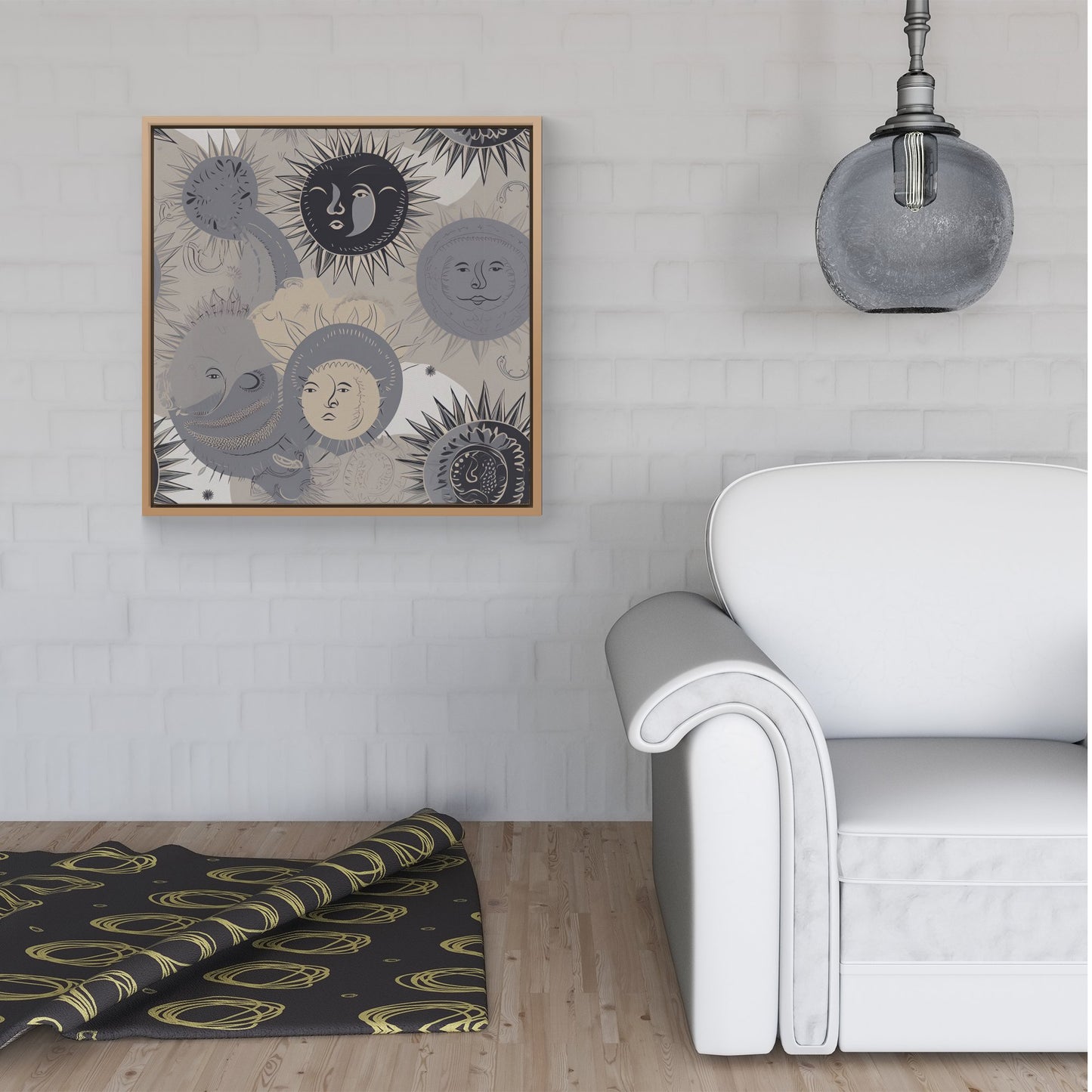 Grey Black Abstract Moon and Sun Framed Canvas