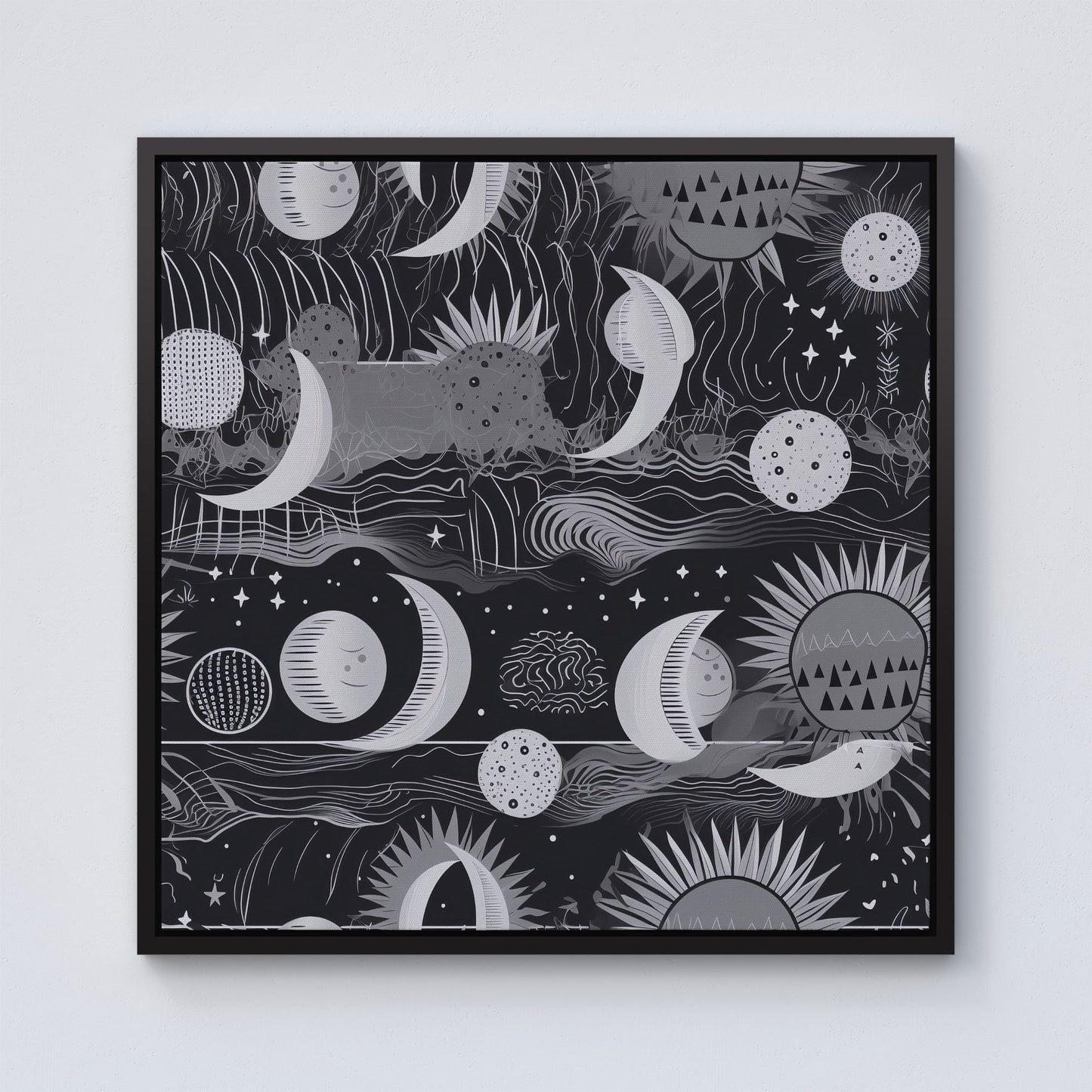 Abstract Black White Moon and Sun Framed Canvas