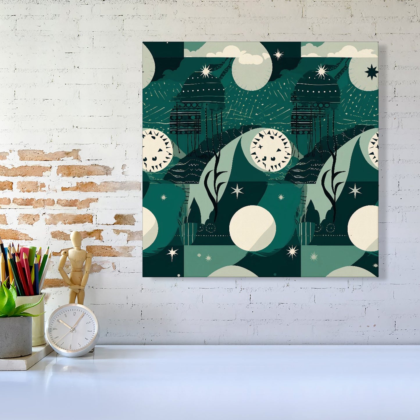 Abstact Green Cream Moon and Stars Canvas