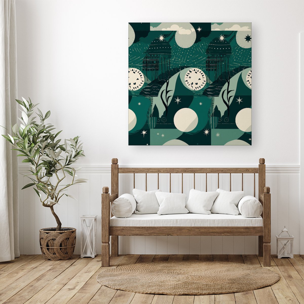 Abstact Green Cream Moon and Stars Canvas