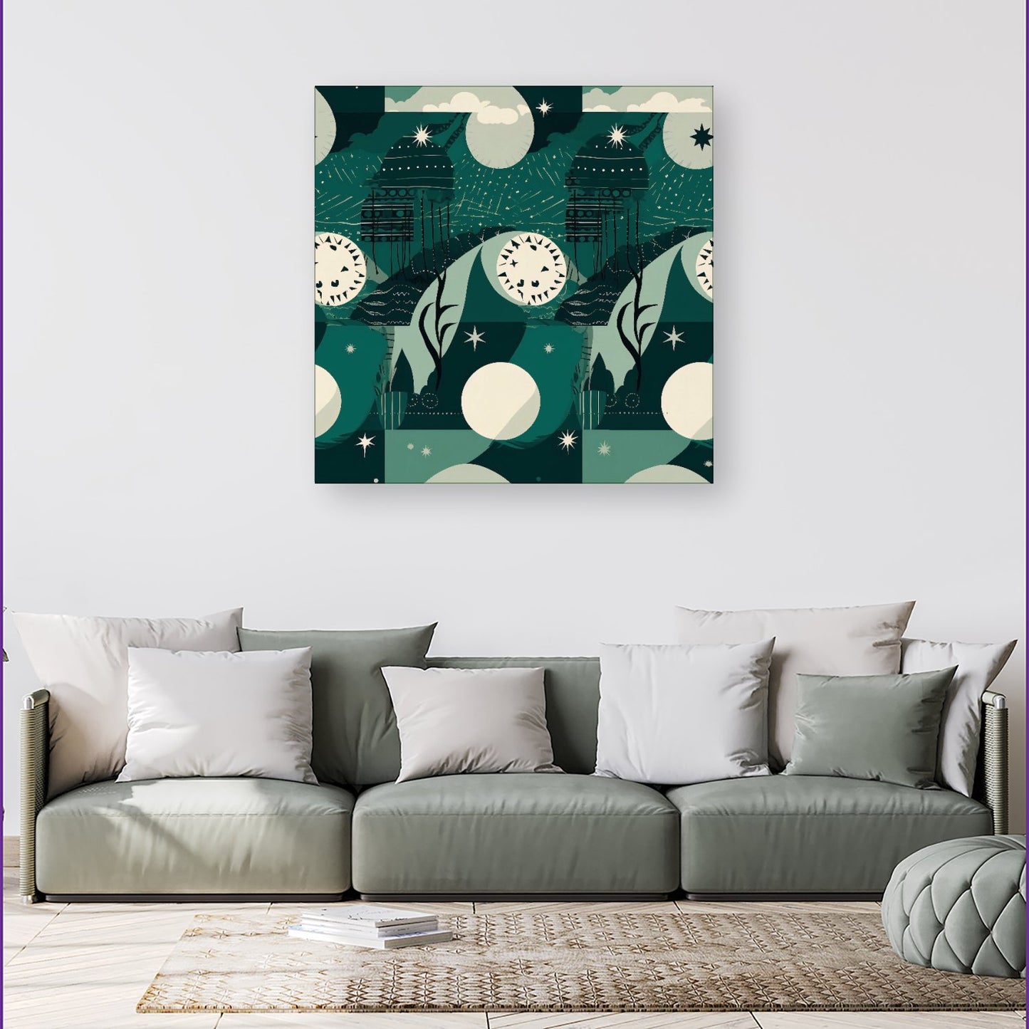 Abstact Green Cream Moon and Stars Canvas