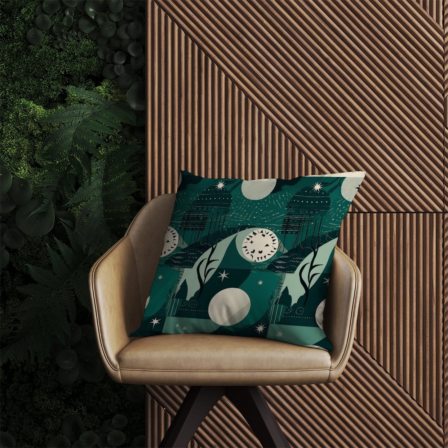 Abstact Green Cream Moon and Stars Outdoor Cushion