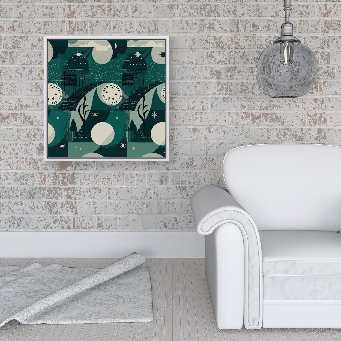 Abstact Green Cream Moon and Stars Framed Canvas
