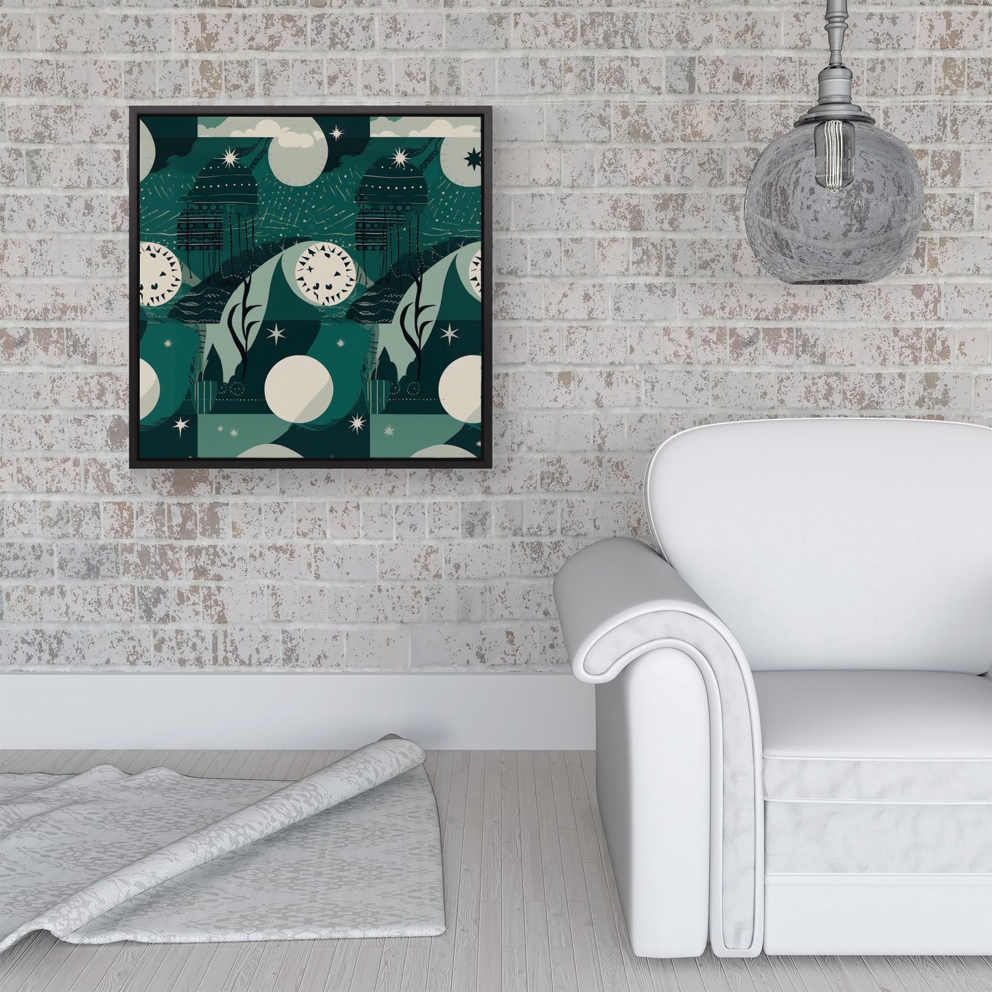 Abstact Green Cream Moon and Stars Framed Canvas