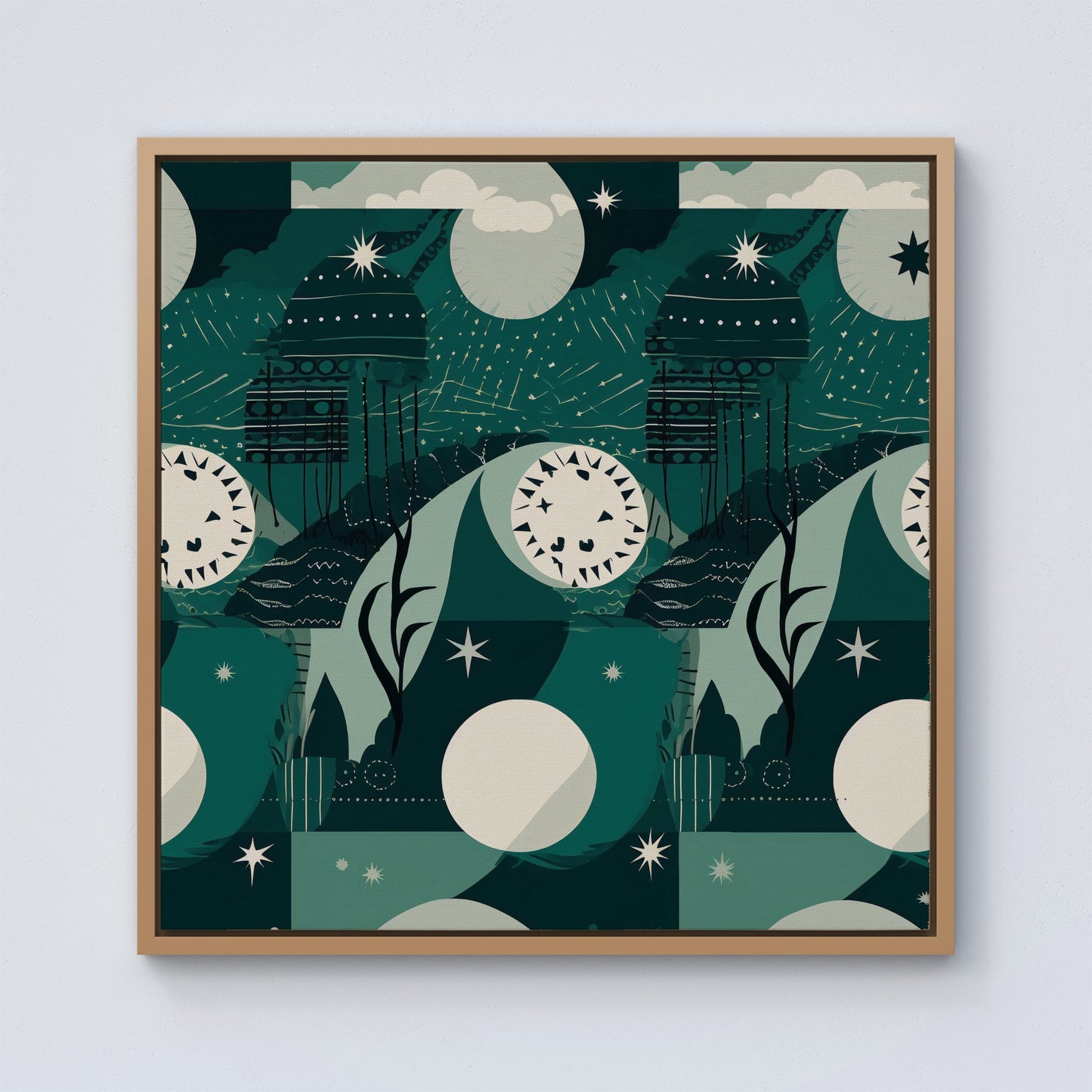 Abstact Green Cream Moon and Stars Framed Canvas