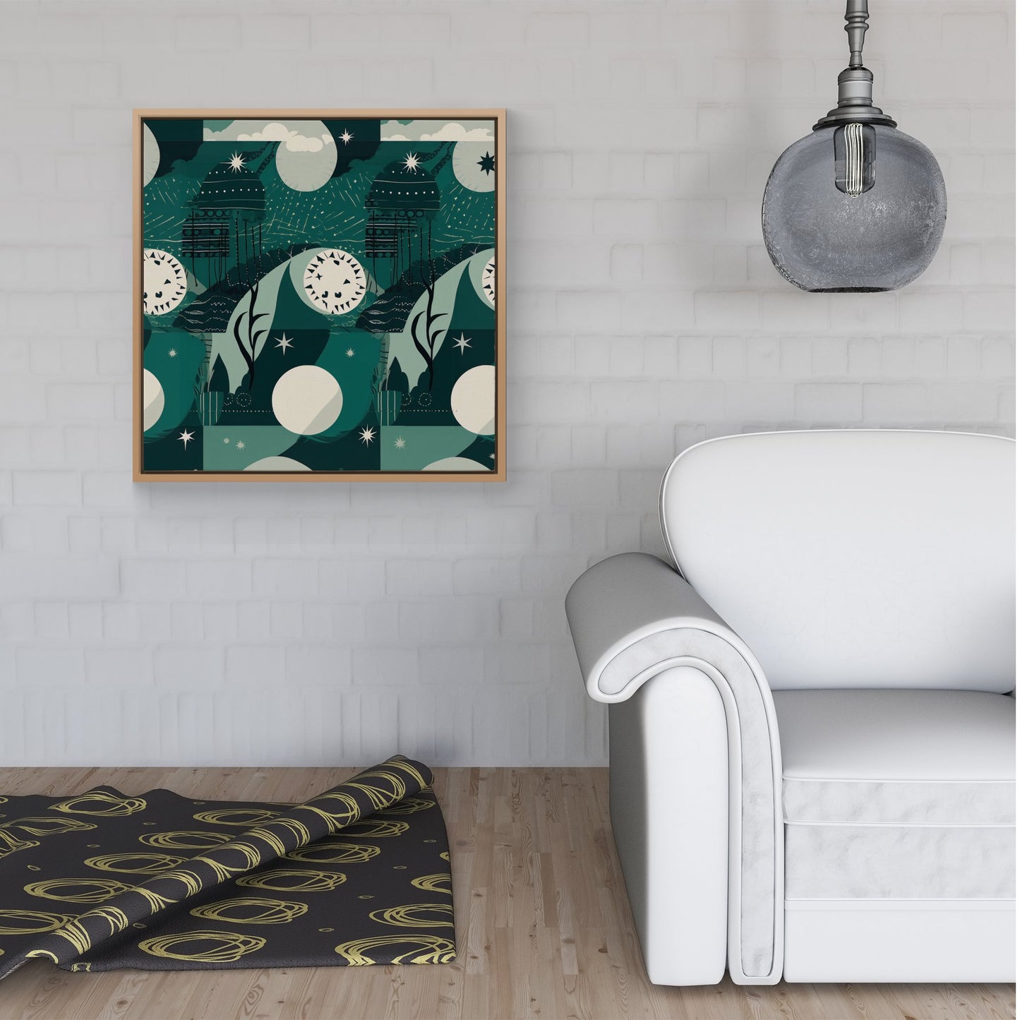 Abstact Green Cream Moon and Stars Framed Canvas