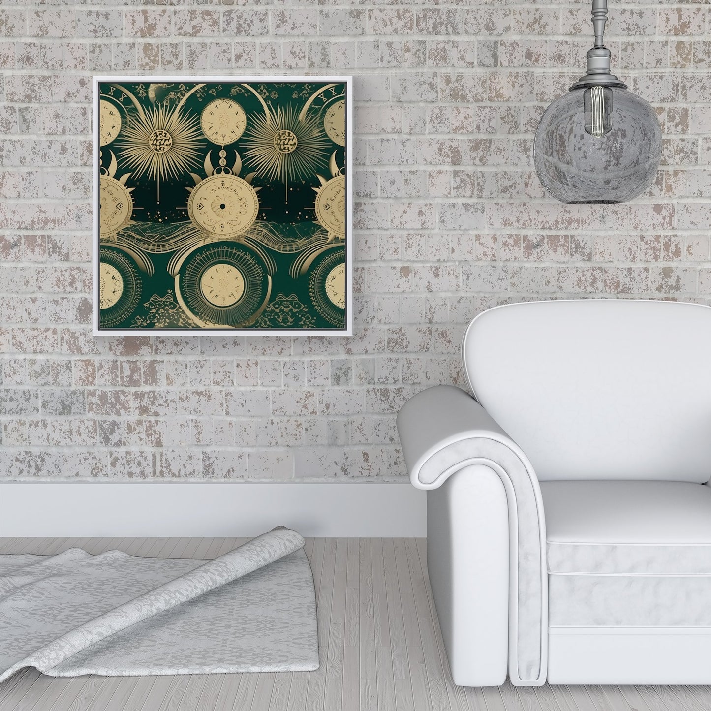 Green Moon and Sun Abstract Pattern Framed Canvas