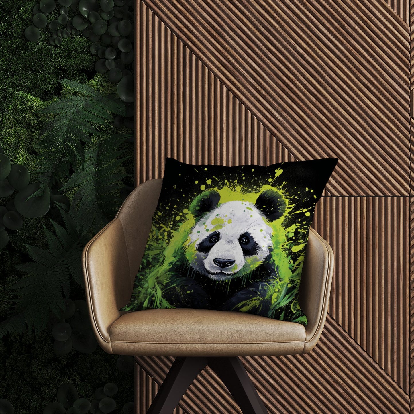 Green Splashart Panda Face Outdoor Cushion