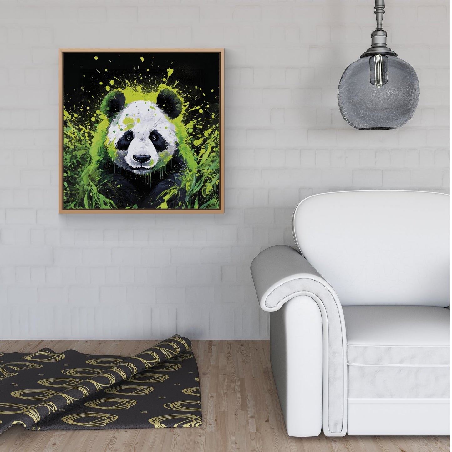 Green Splashart Panda Face Framed Canvas