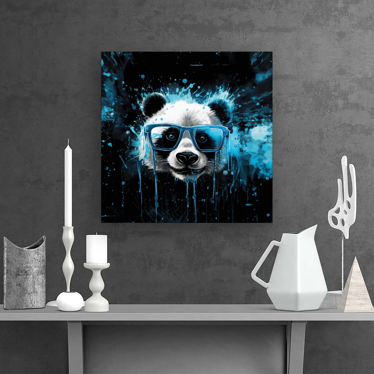 Blue Splashart Panda Face Canvas