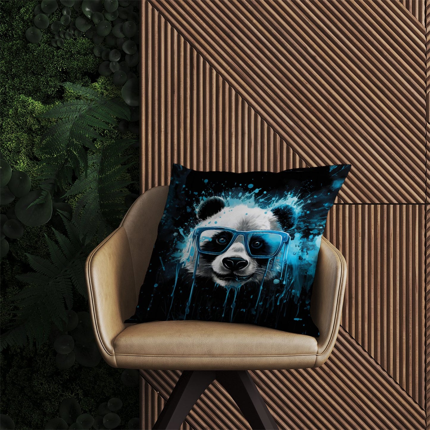 Blue Splashart Panda Face Outdoor Cushion