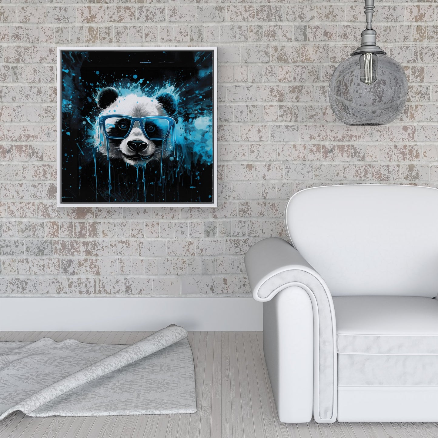 Blue Splashart Panda Face Framed Canvas