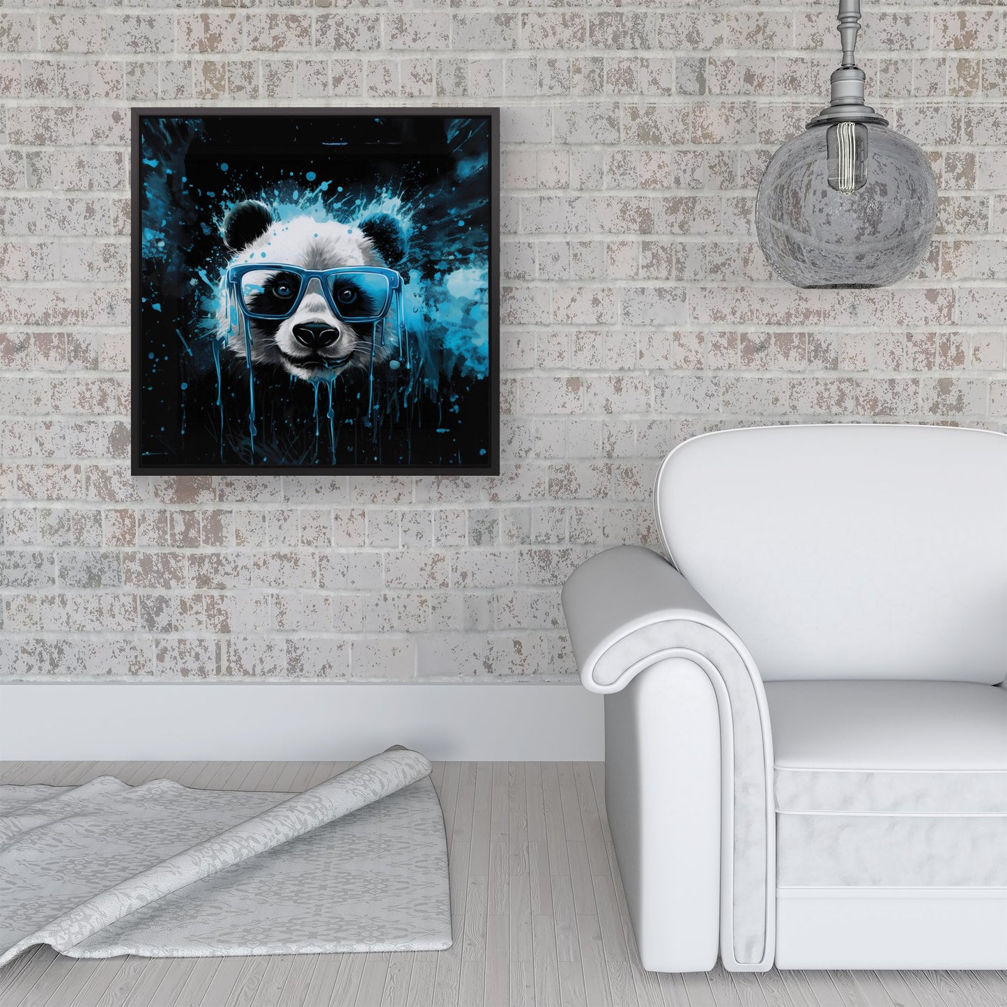 Blue Splashart Panda Face Framed Canvas