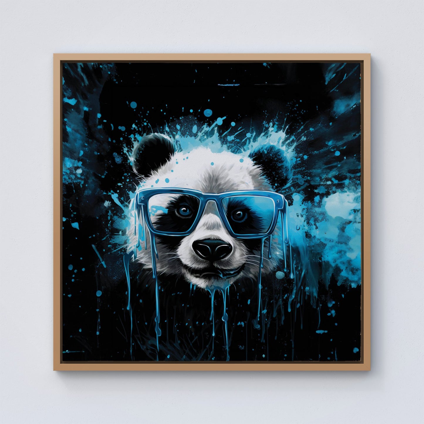 Blue Splashart Panda Face Framed Canvas