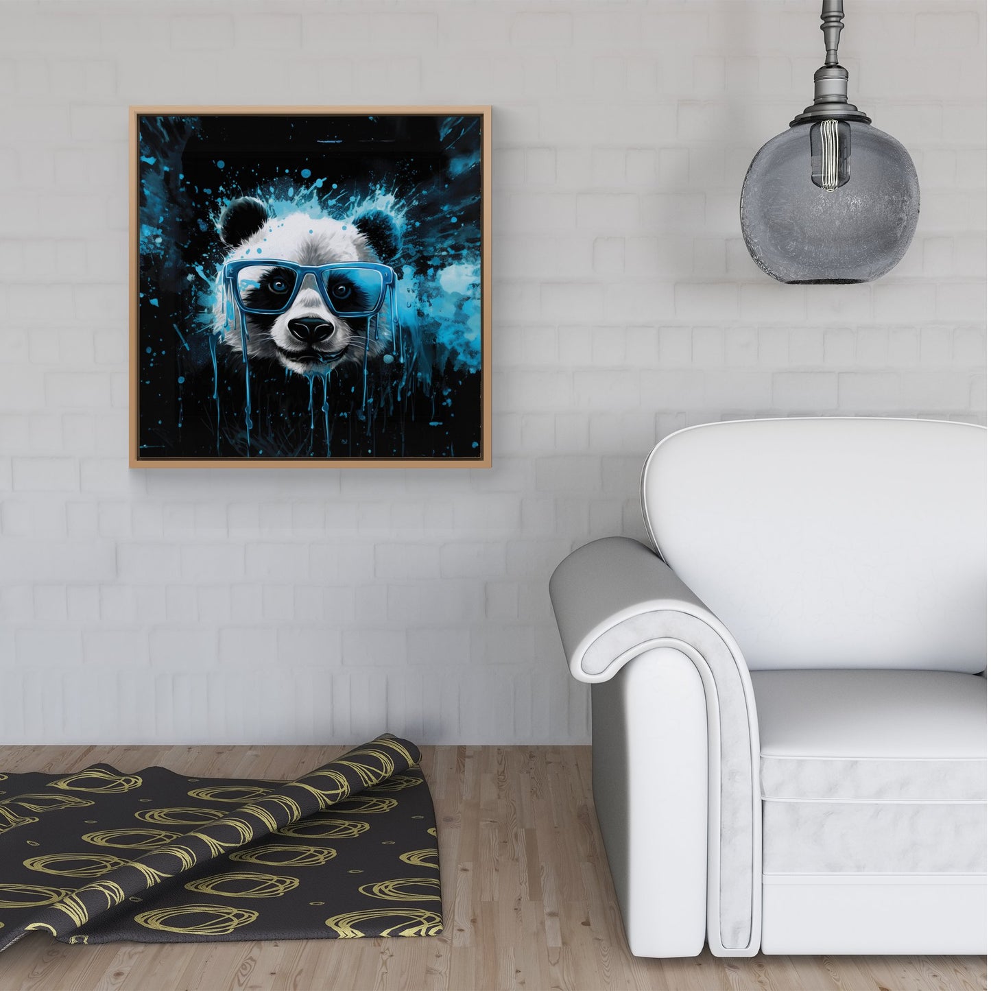 Blue Splashart Panda Face Framed Canvas