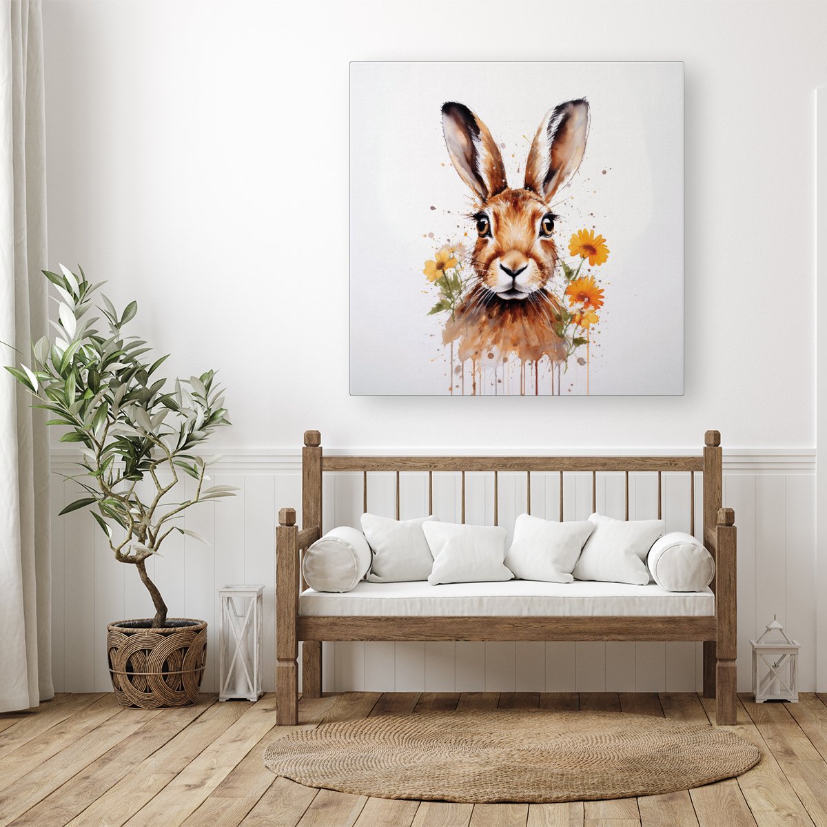Watercolour Hare and Daisies Canvas