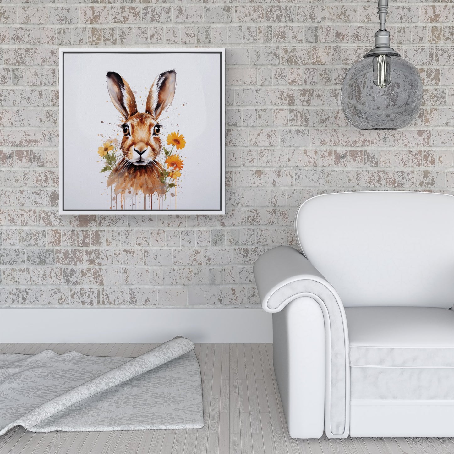Watercolour Hare and Daisies Framed Canvas