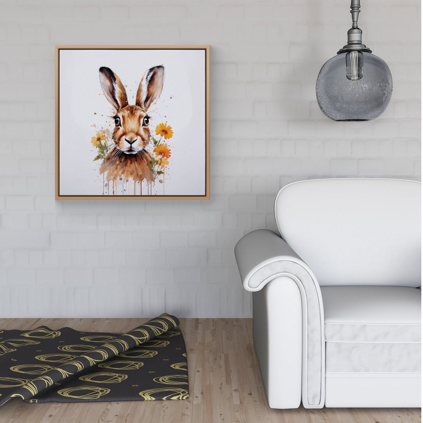 Watercolour Hare and Daisies Framed Canvas