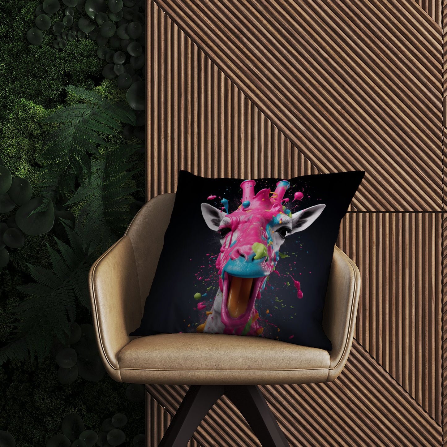 Splashart Giraffe Face Pink Outdoor Cushion