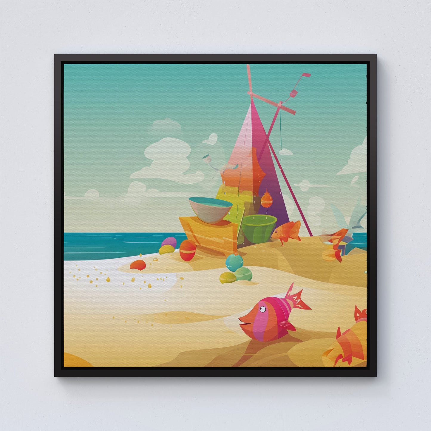 Fish On A Beach Holiday Framed Canvas