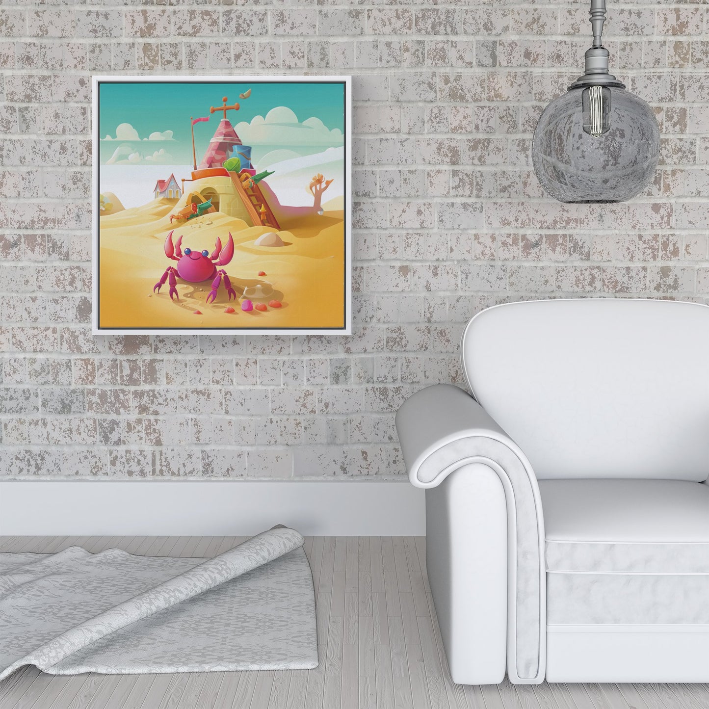 Pink Crab On A Beach Holiday Framed Canvas