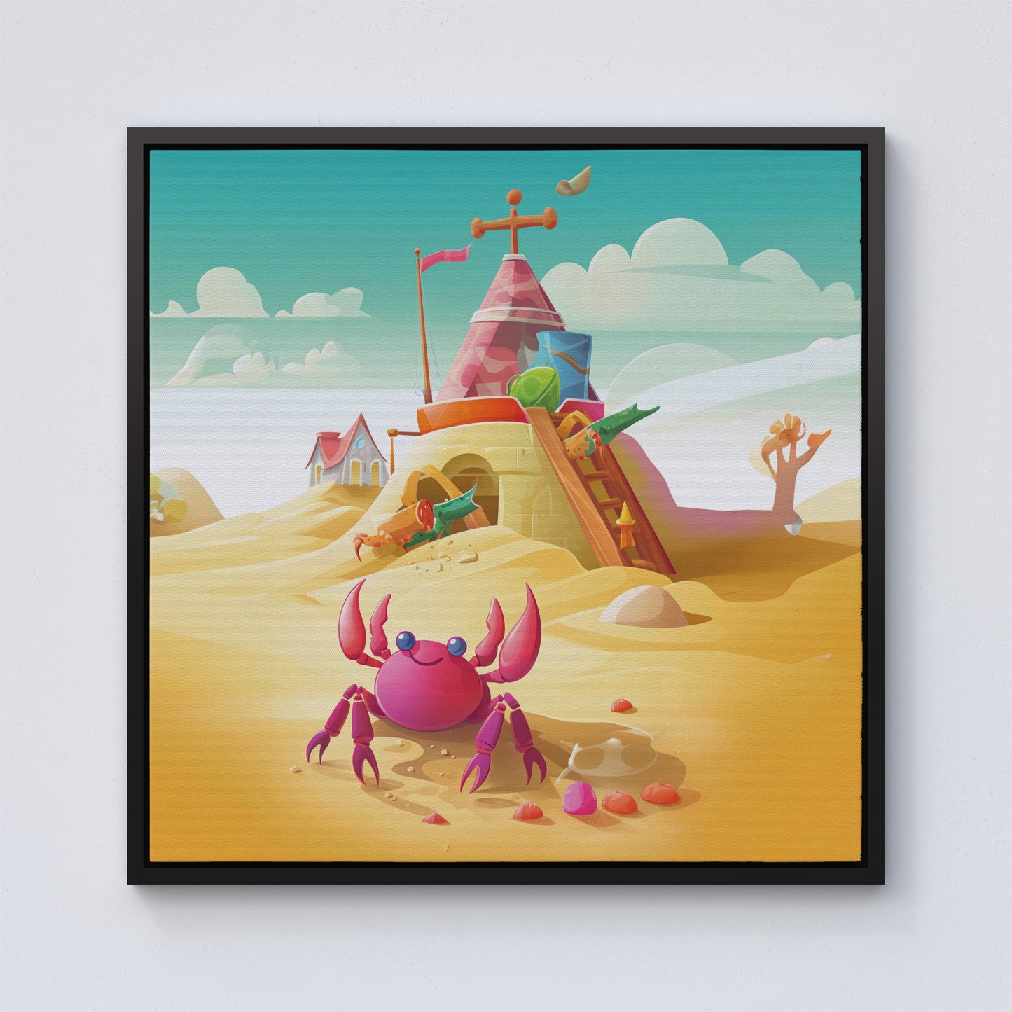 Pink Crab On A Beach Holiday Framed Canvas