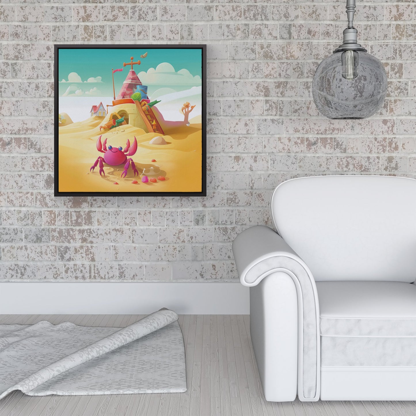 Pink Crab On A Beach Holiday Framed Canvas