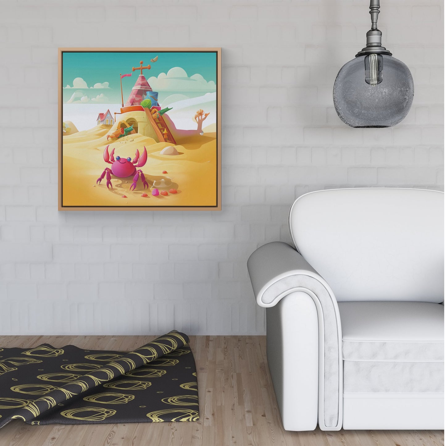 Pink Crab On A Beach Holiday Framed Canvas