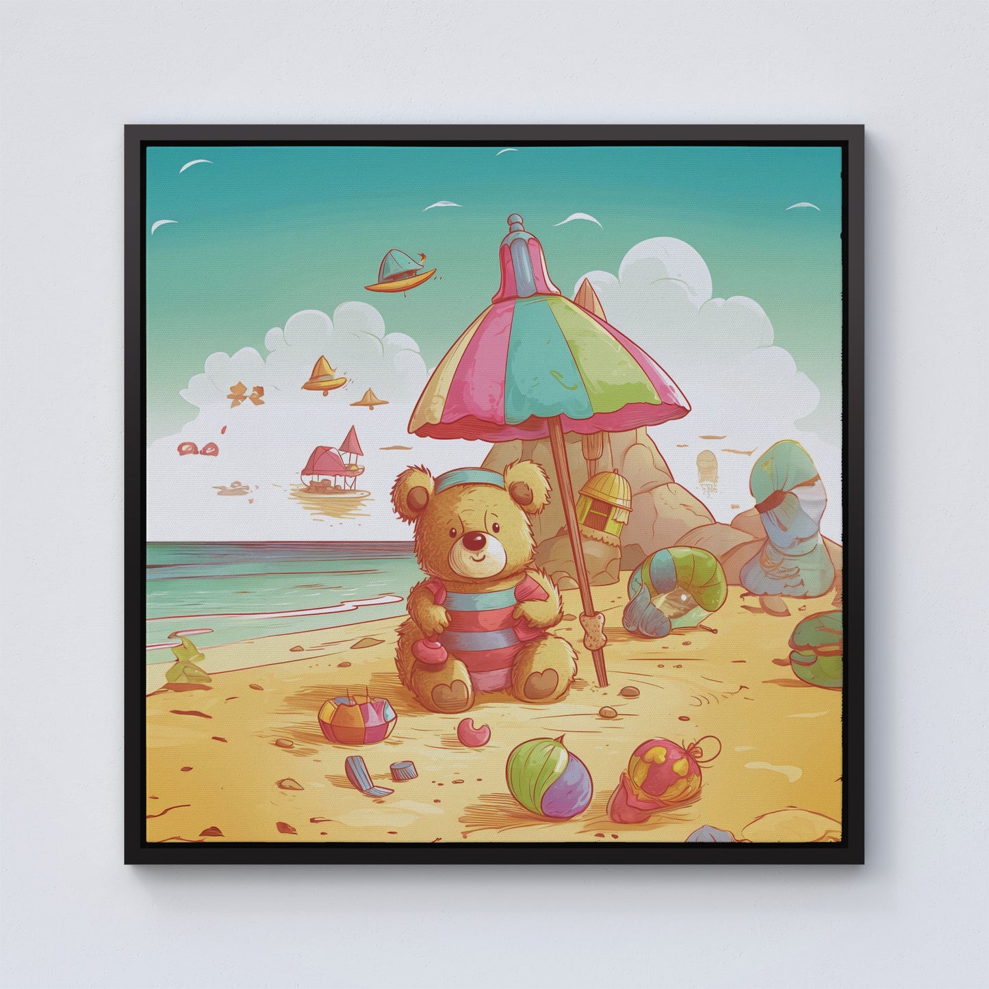 Teddy Bead On A Beach Holiday Framed Canvas