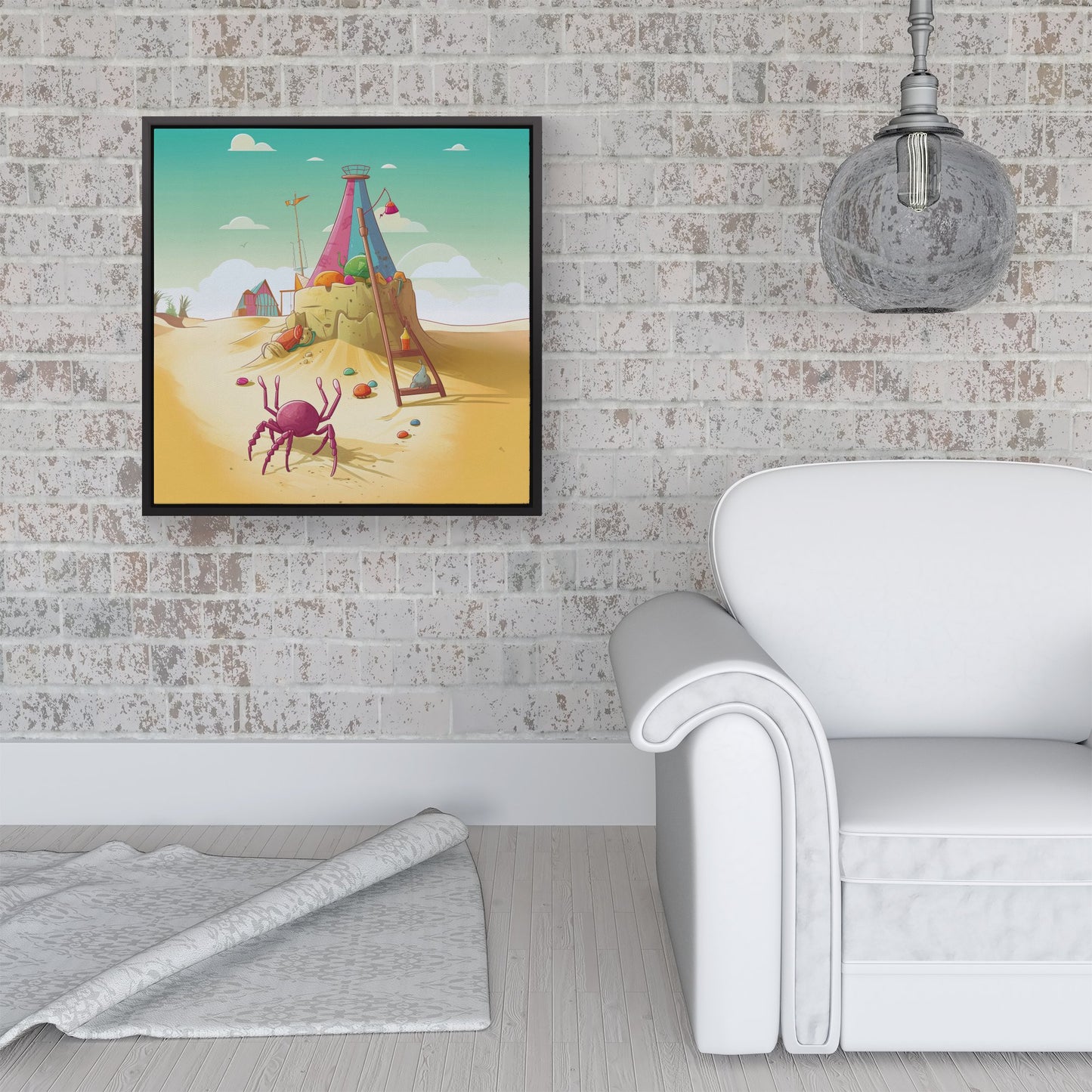 Crab On A Beach Holiday Framed Canvas