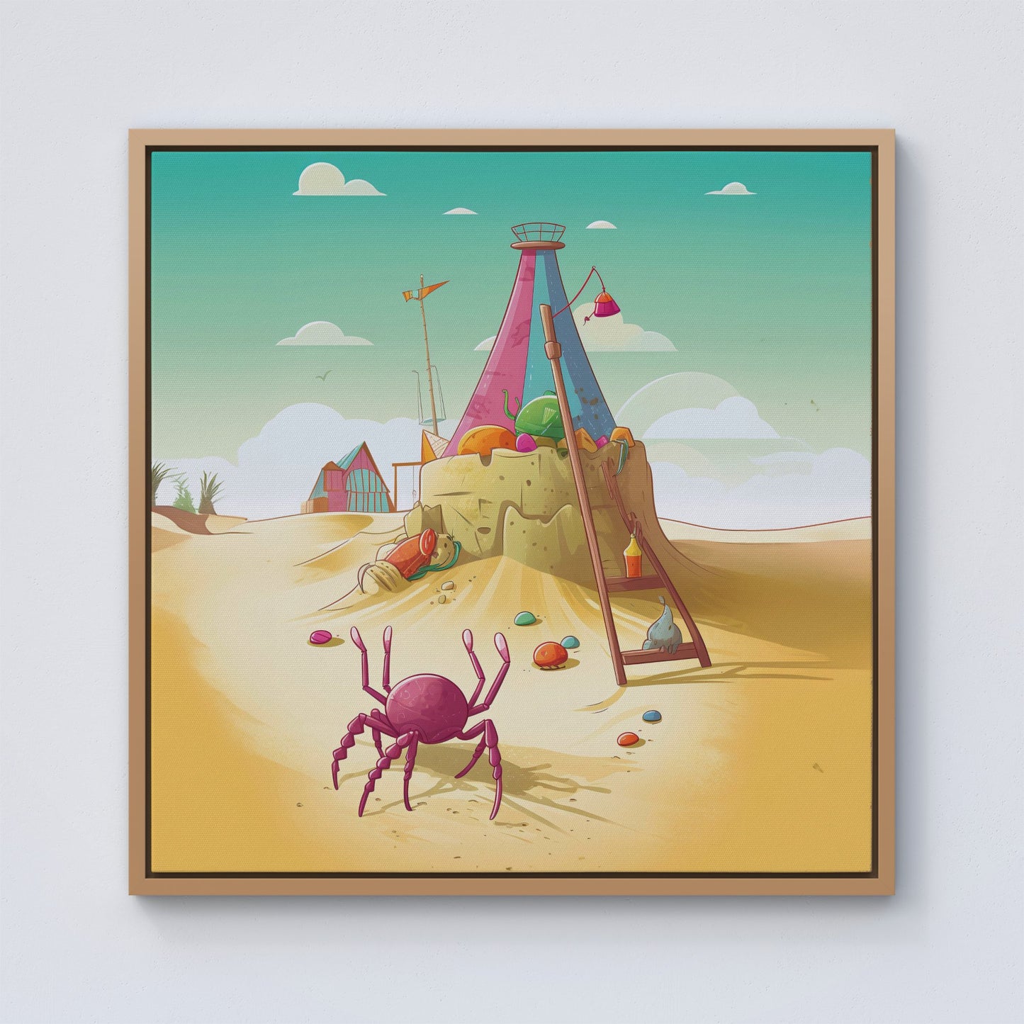 Crab On A Beach Holiday Framed Canvas