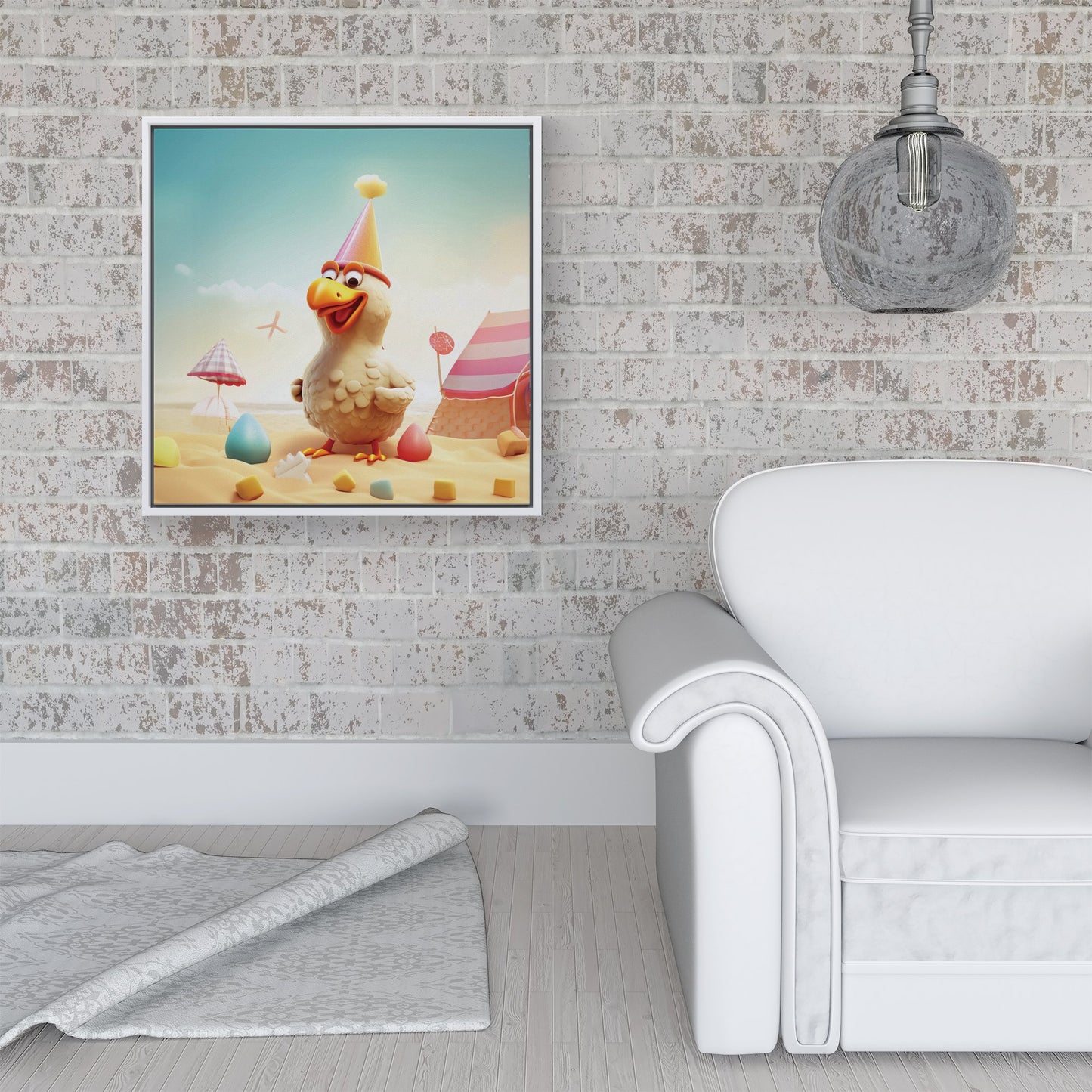Funky Chicken On A Beach Holiday Framed Canvas