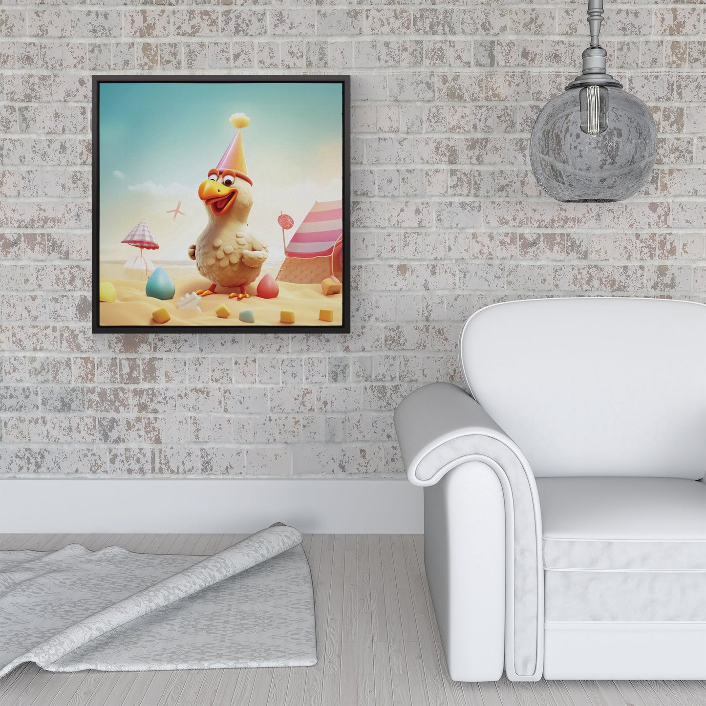 Funky Chicken On A Beach Holiday Framed Canvas