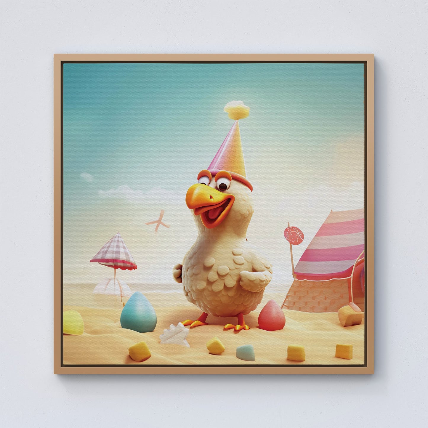 Funky Chicken On A Beach Holiday Framed Canvas